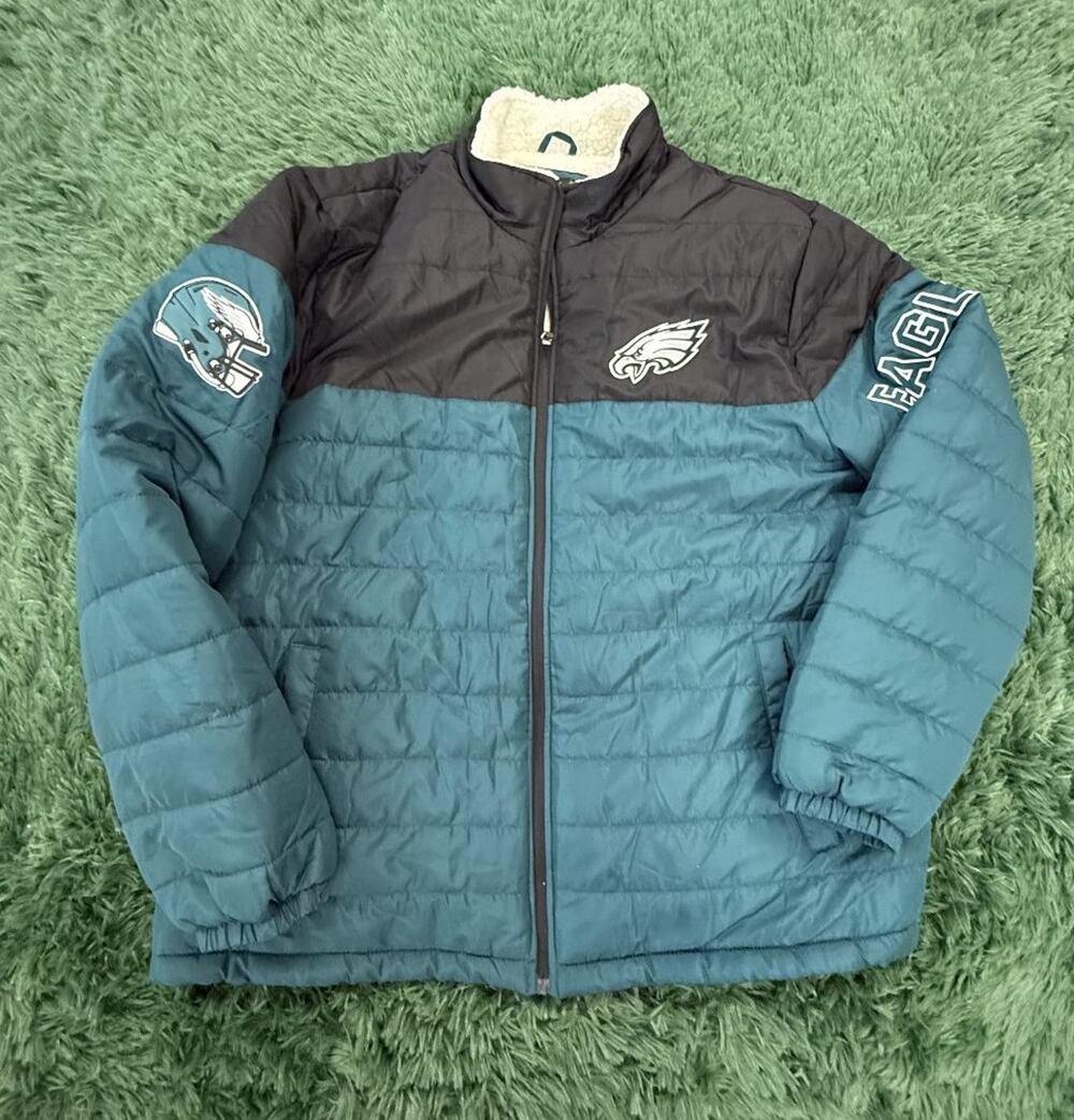 VTG Philadelphia Eagles NFL Puffer Jacket Sherpa Lined Full Zip Coat Black XXL
